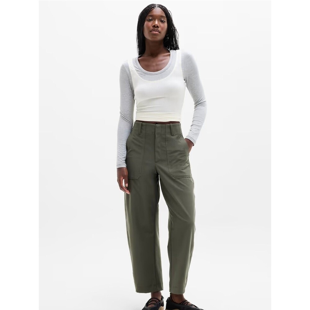 Athleta 12 (L LARGE) Skyline High Rise Barrel Leg Pant, Olive Branch Green Work